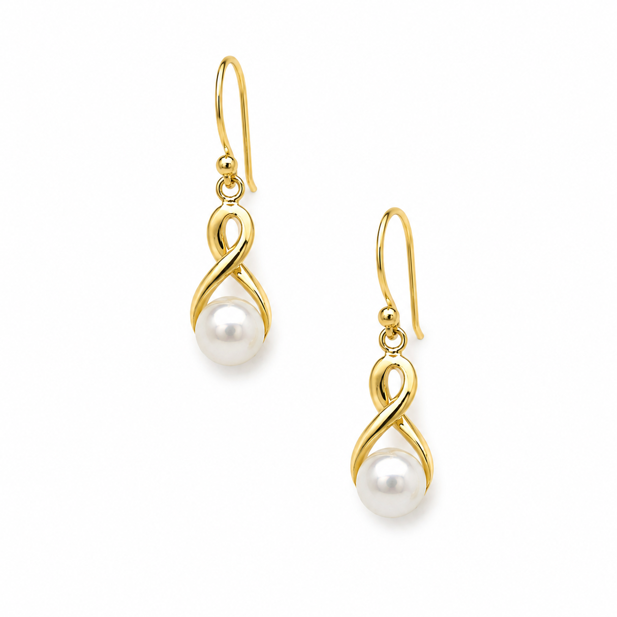 Infinity Pearl Hook Earrings Gold featuring lustrous white pearls and an elegant infinity design with delicate gold hooks.