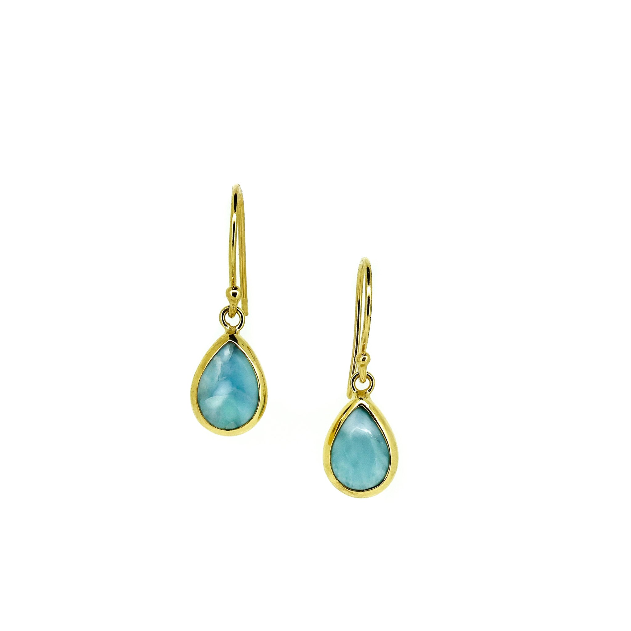 Larimar shaped dew drop gold hook earrings 