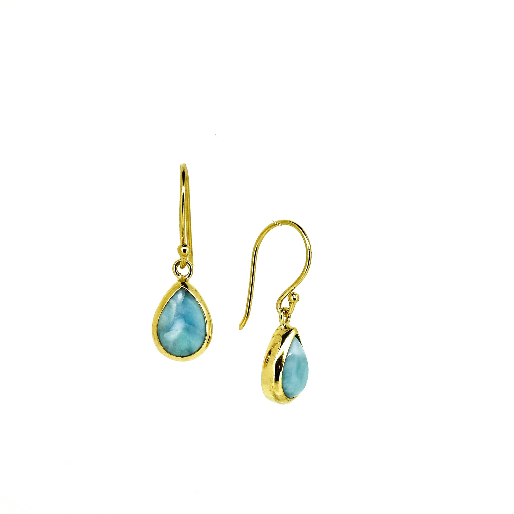 small Larimar dew drop shaped gold hook earrings 