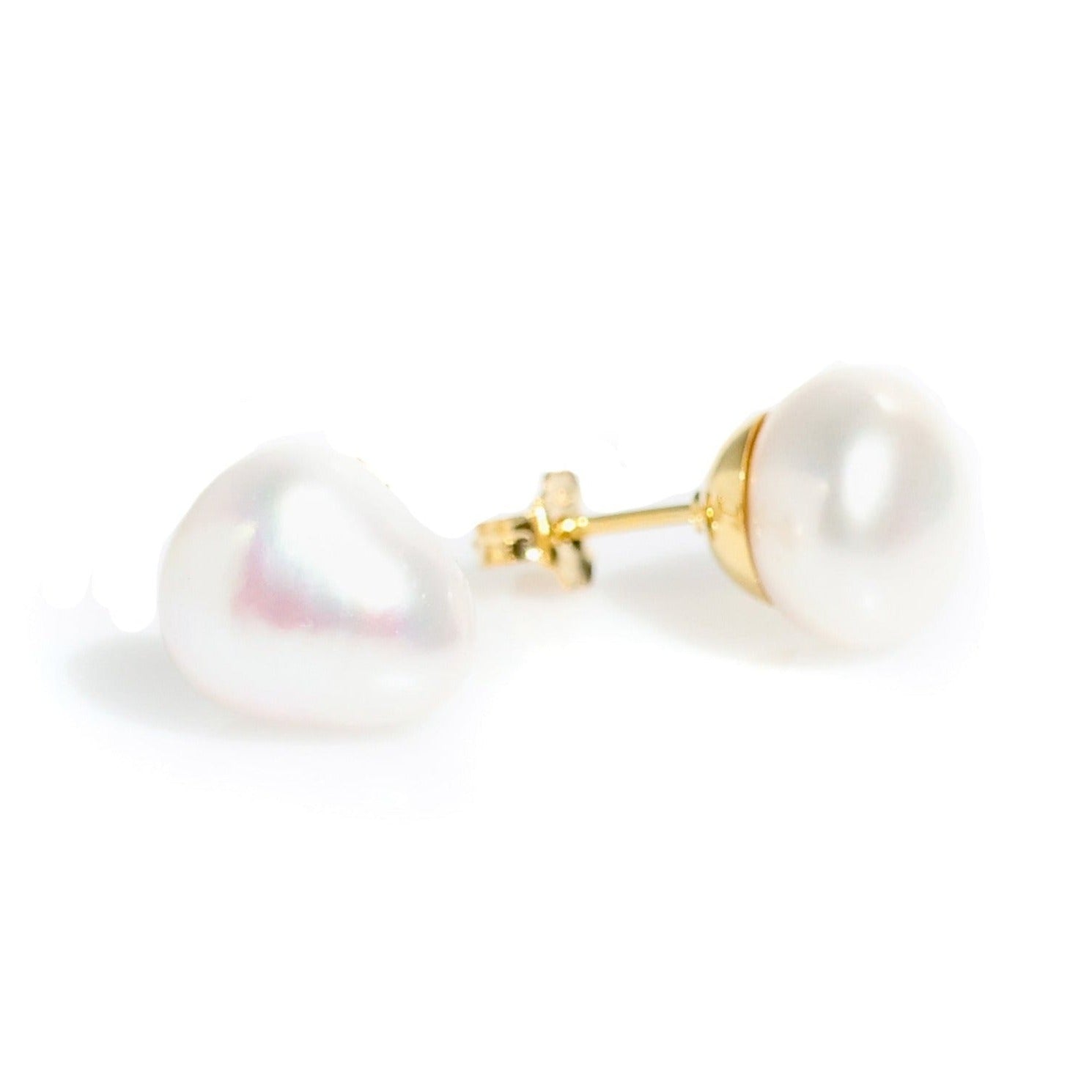 12mm white keshi pearl studs Set in gold 