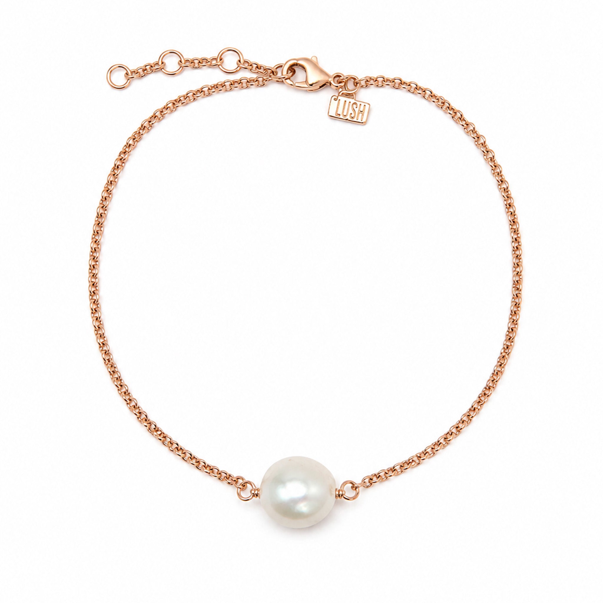 Keshi Pearl Anklet Rose Gold featuring a single luminous freshwater keshi pearl on a delicate 18k rose gold vermeil over sterling silver chain by Lush Designs Jewellery.