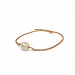 Close-up of Keshi Pearl Anklet Rose Gold showing luminous freshwater keshi pearl, delicate rose gold vermeil chain, adjustable clasp and Lush Designs tag.