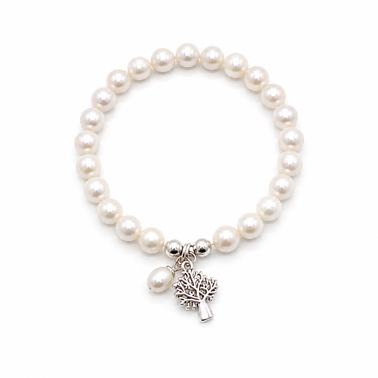 Kimberley Boab Pearl Stretch Bracelet featuring luminous freshwater pearls, a detailed sterling silver boab tree charm and delicate pearl drop by Lush Designs Jewellery.