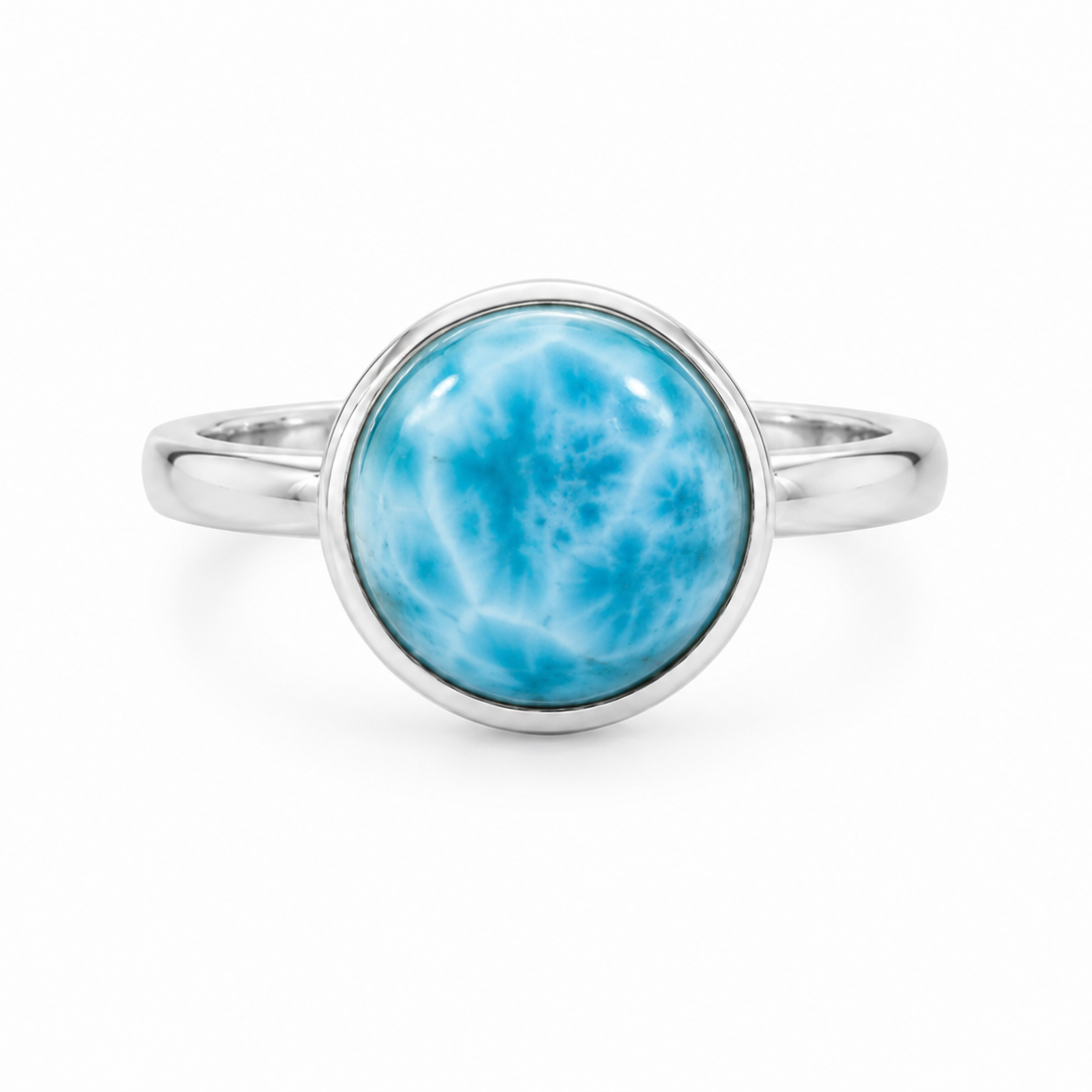 Silver ring with large round Larimar stone