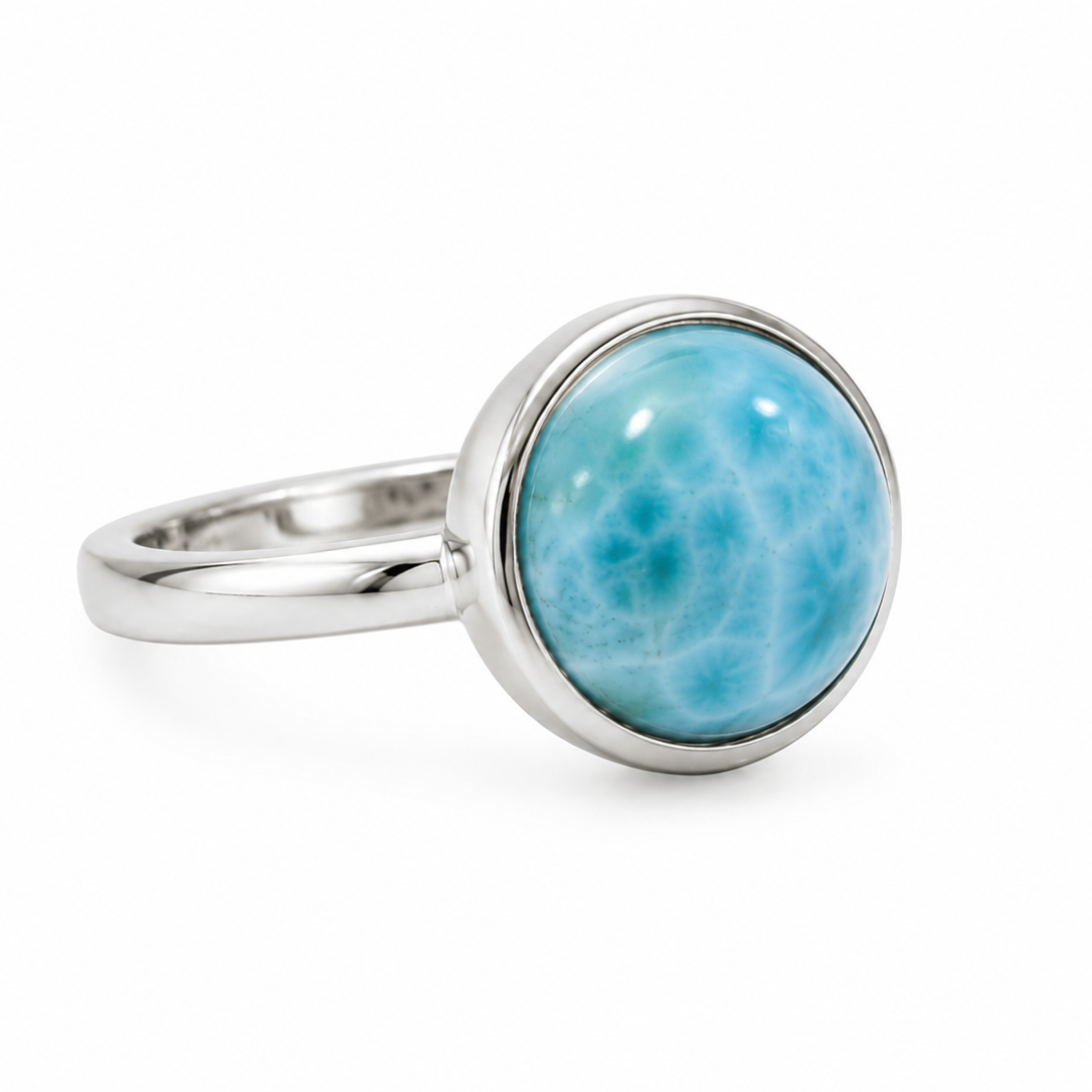 silver ring with large round Larimar stone