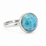 silver ring with large round Larimar stone