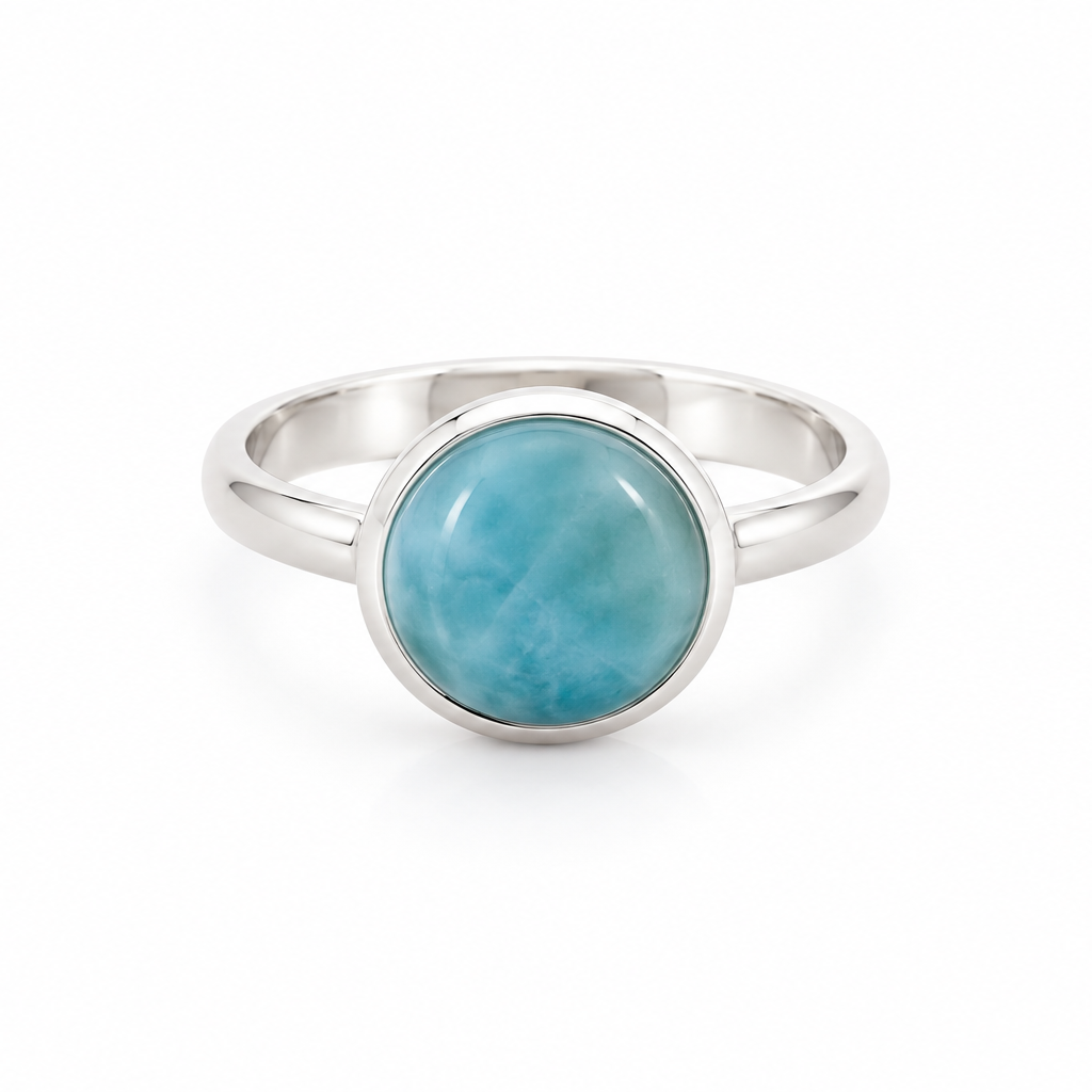 A silver ring with a round, polished light blue larimar stone in a bezel setting