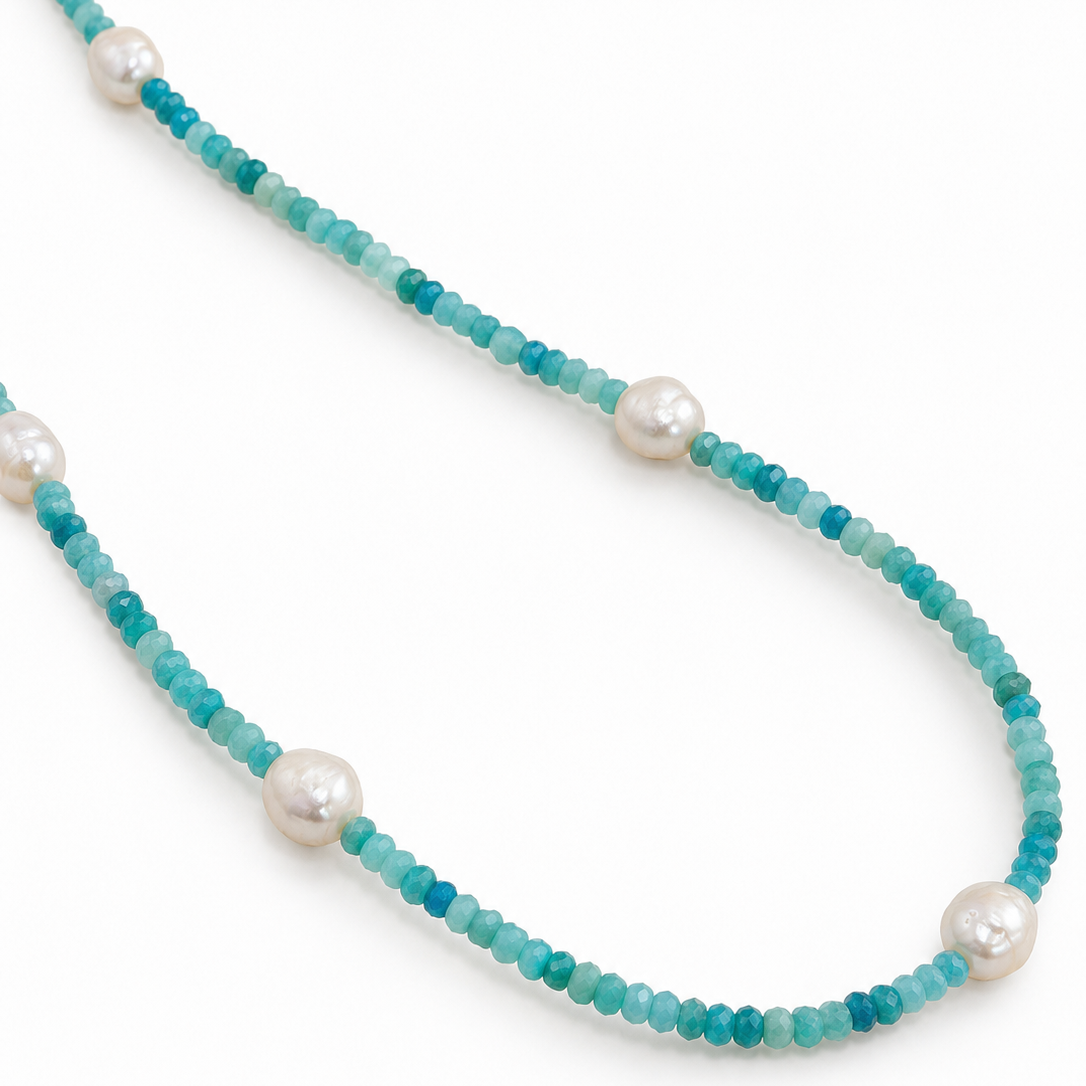 Love Me More 90cm Light Blue Apatite Keshi Pearl Necklace featuring aqua blue gemstone beads, natural white keshi pearls and sterling silver details by Lush Designs Jewellery.
