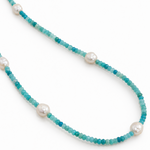 Love Me More 90cm Light Blue Apatite Keshi Pearl Necklace featuring aqua blue gemstone beads, natural white keshi pearls and sterling silver details by Lush Designs Jewellery.