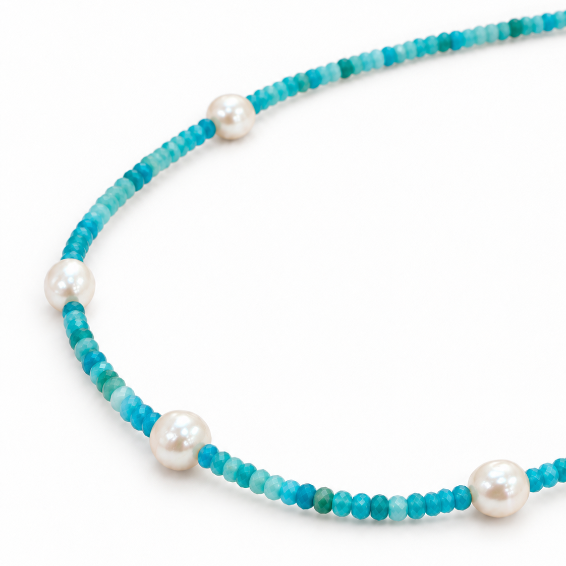 Love Me More 90cm Light Blue Apatite Keshi Pearl Necklace featuring aqua blue gemstone beads, natural white keshi pearls and sterling silver details by Lush Designs Jewellery.