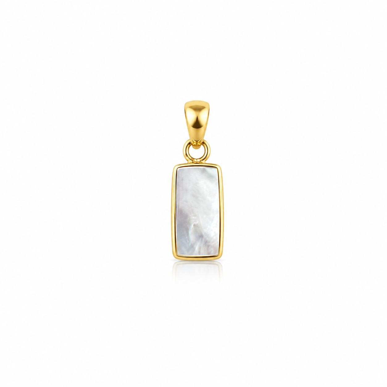 A gold rectangular pendant featuring a white mother-of-pearl inlay.
