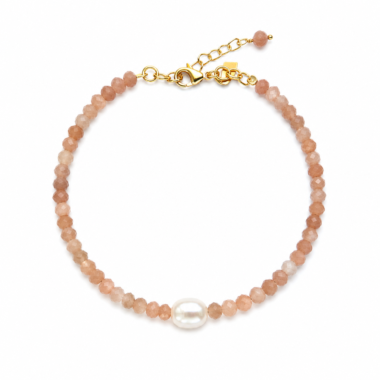 Moonstone Keshi Pearl Bracelet Gold with faceted moonstone beads, genuine freshwater keshi pearl and gold vermeil accents, designed in Broome Western Australia.