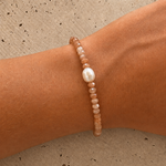 Moonstone Keshi Pearl Bracelet Gold with faceted moonstone beads, genuine freshwater keshi pearl and gold vermeil accents, designed in Broome Western Australia.
