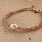 Moonstone Keshi Pearl Bracelet Gold with faceted moonstone beads, genuine freshwater keshi pearl and gold vermeil accents, designed in Broome Western Australia.