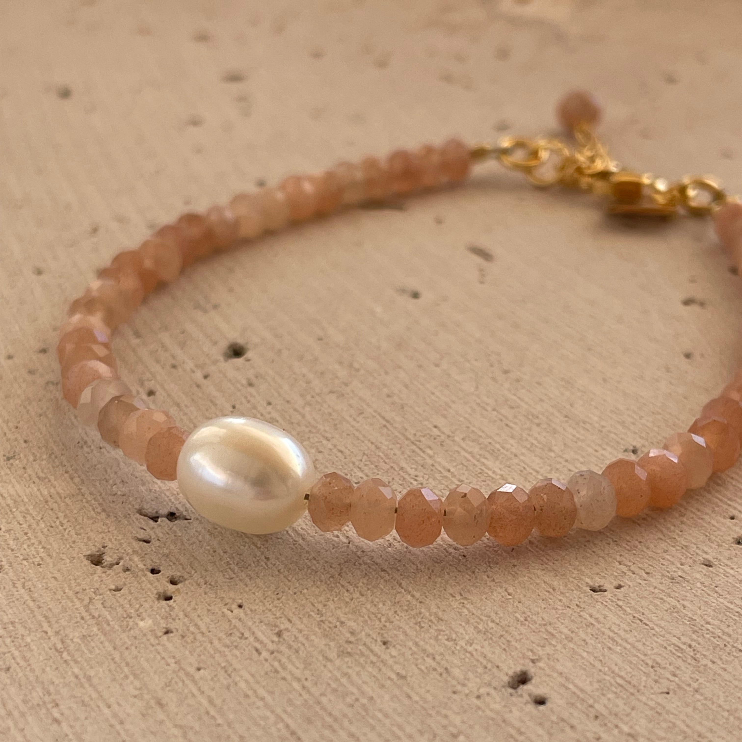 Moonstone Keshi Pearl Bracelet Gold with faceted moonstone beads, genuine freshwater keshi pearl and gold vermeil accents, designed in Broome Western Australia.