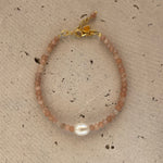 Moonstone Keshi Pearl Bracelet Gold with faceted moonstone beads, genuine freshwater keshi pearl and gold vermeil accents, designed in Broome Western Australia.