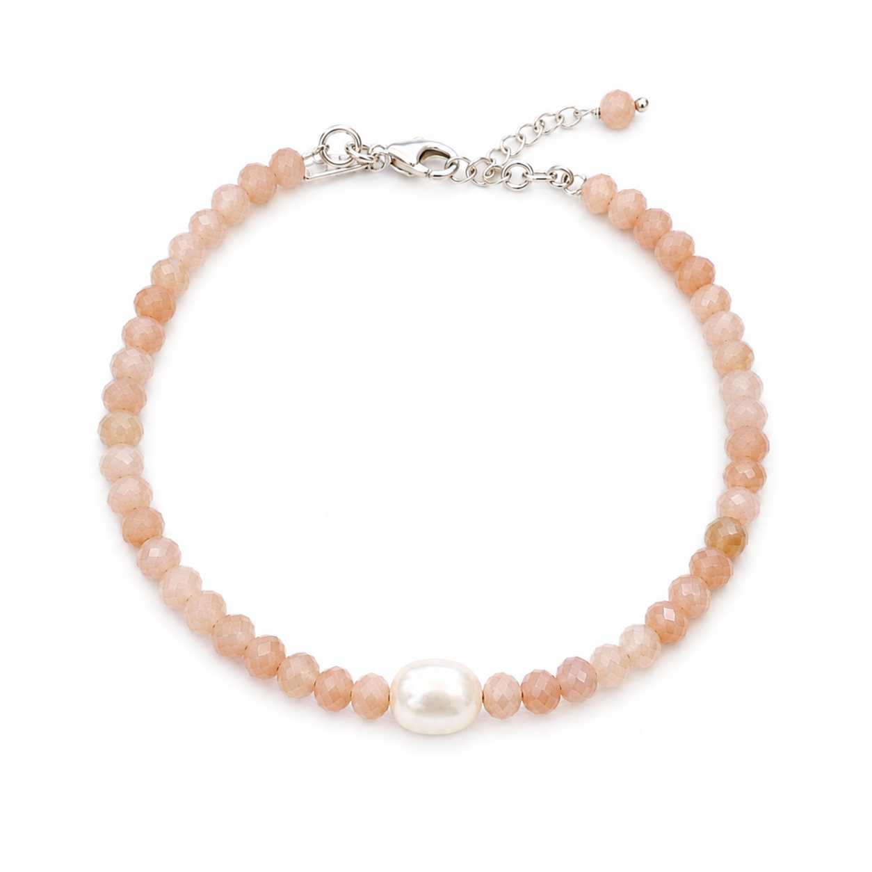 Moonstone Pearl Bracelet Silver featuring faceted peach gemstone beads, a genuine freshwater pearl, sterling silver clasp, and adjustable chain