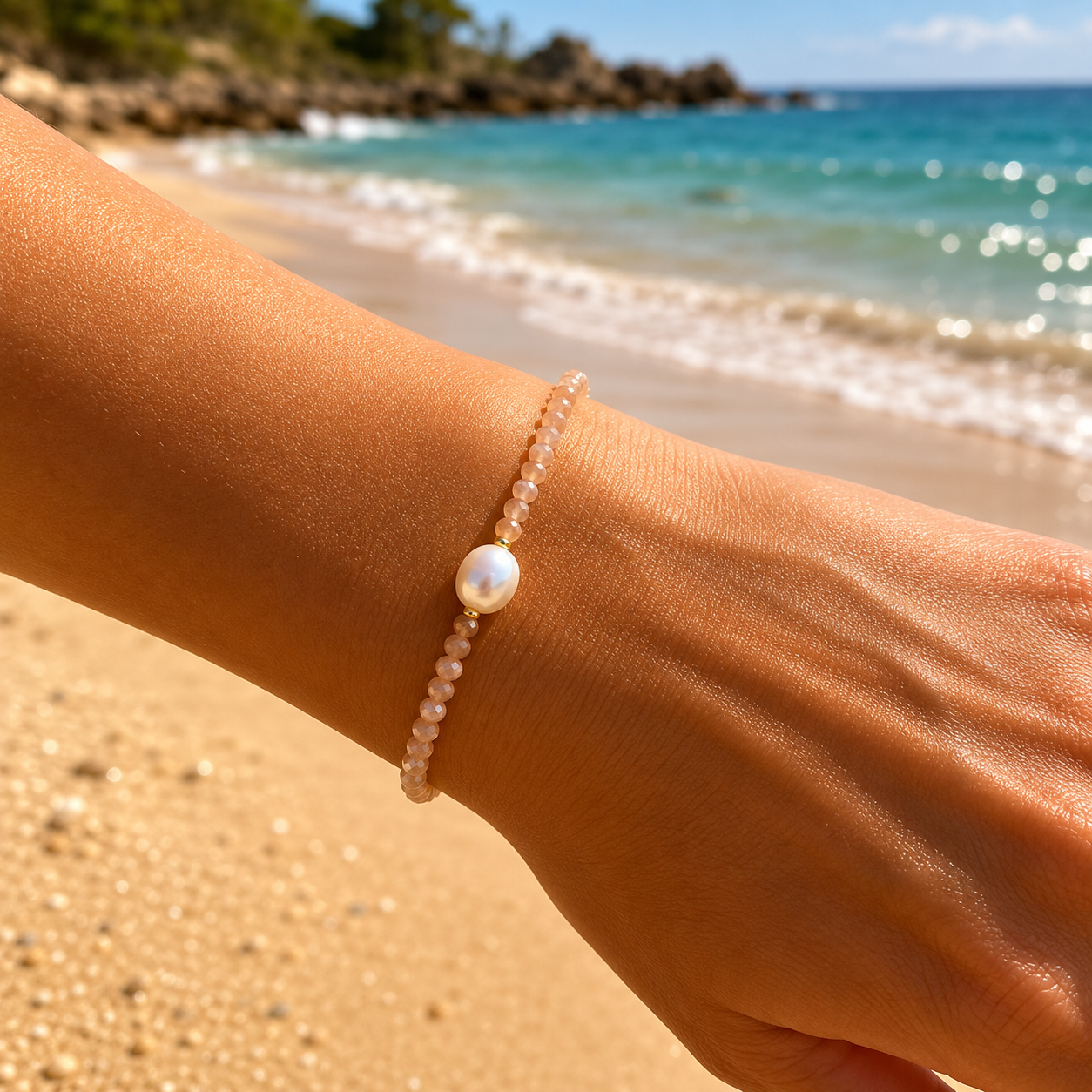 Moonstone Keshi Pearl Bracelet Gold with faceted moonstone beads, genuine freshwater keshi pearl and gold vermeil accents, designed in Broome Western Australia.