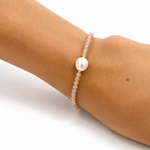 Moonstone Keshi Pearl Bracelet Gold with faceted moonstone beads, genuine freshwater keshi pearl and gold vermeil accents, designed in Broome Western Australia.