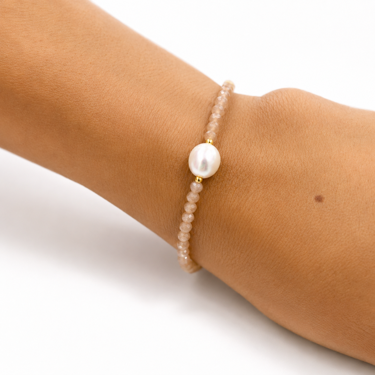 Moonstone Keshi Pearl Bracelet Gold with faceted moonstone beads, genuine freshwater keshi pearl and gold vermeil accents, designed in Broome Western Australia.