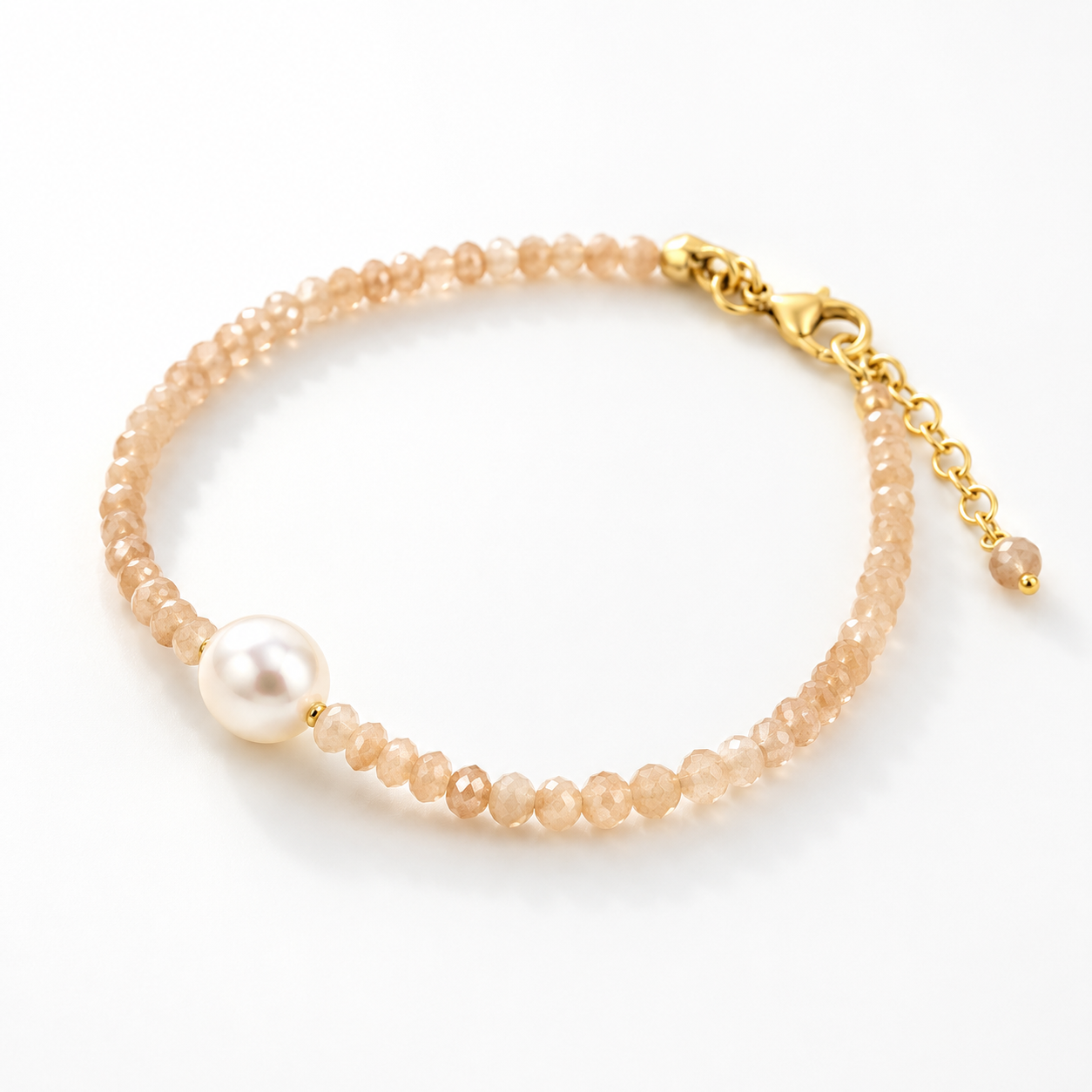 Moonstone Keshi Pearl Bracelet Gold with faceted moonstone beads, genuine freshwater keshi pearl and gold vermeil accents, designed in Broome Western Australia.