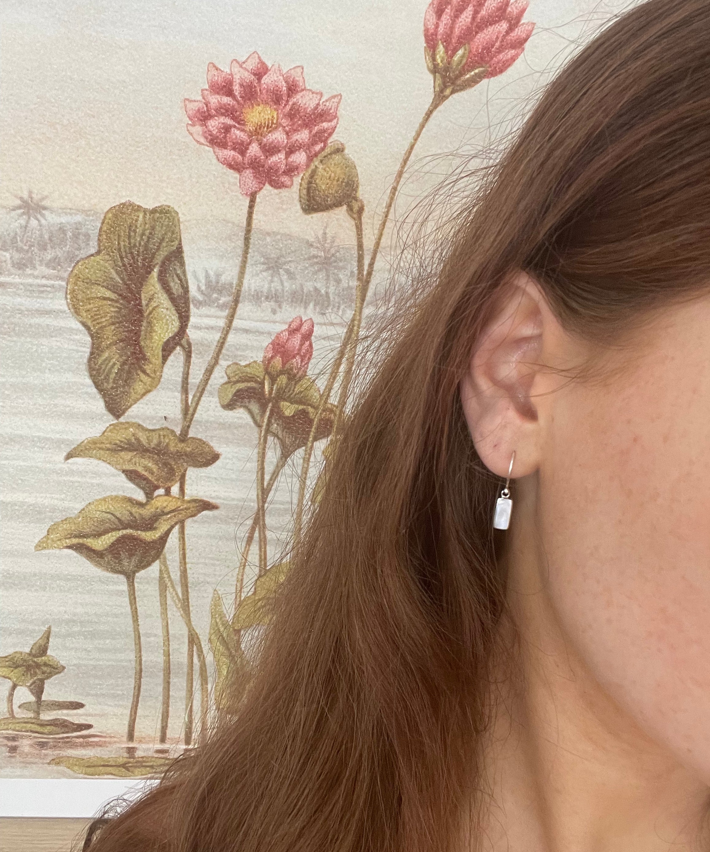 dainty rectangle shaped mother of pearl hook earrings designed by Lush Designs broome