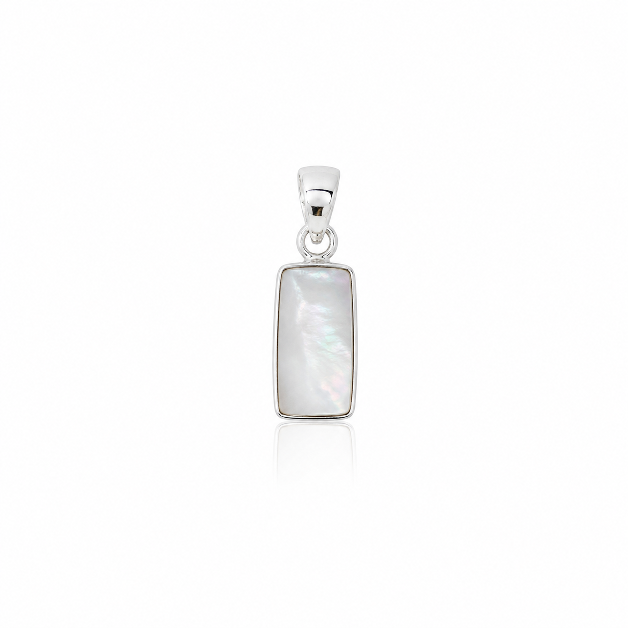 A silver rectangular pendant featuring a smooth, iridescent white mother-of-pearl inlay