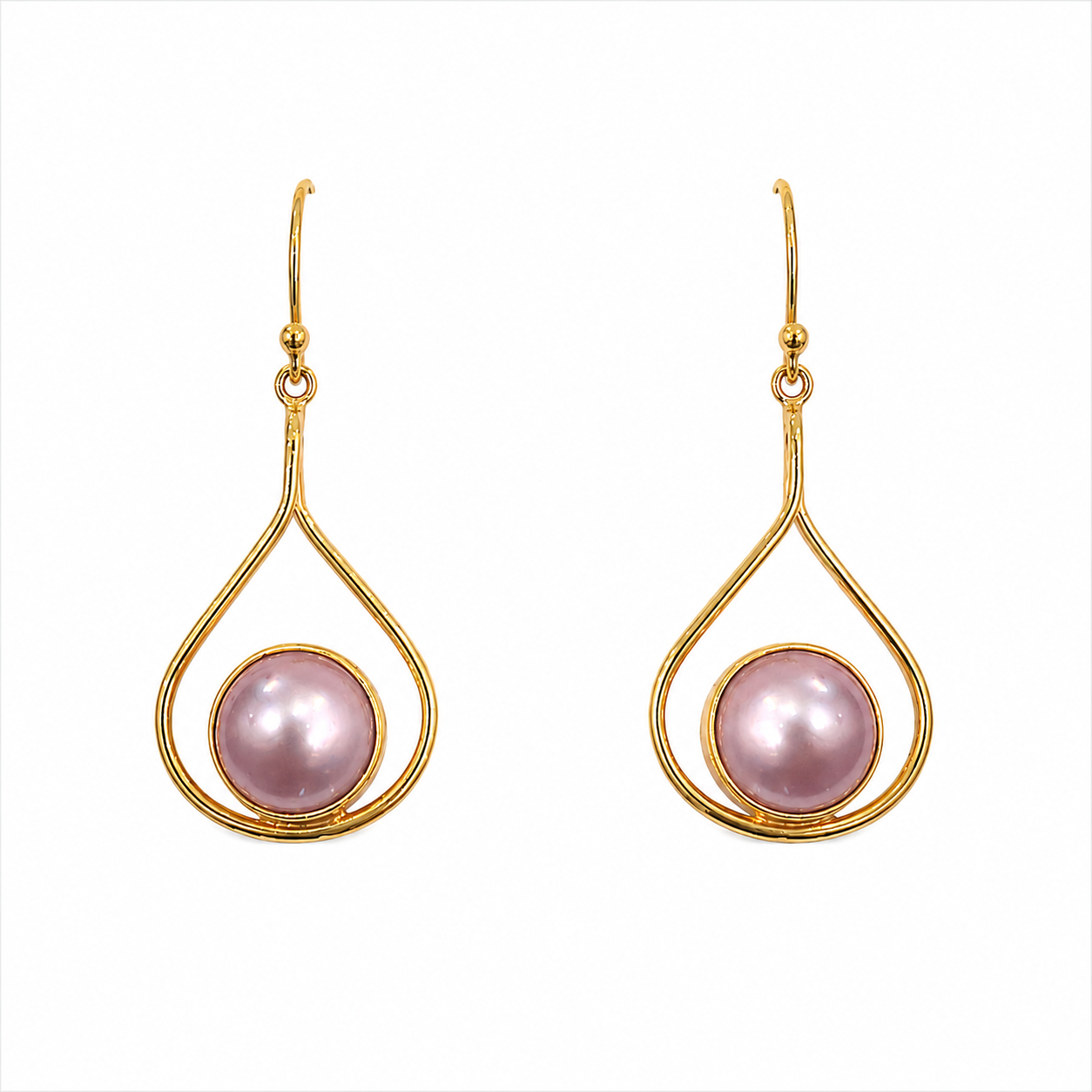 New Moon Pink Mabe Earrings Gold Vermeil featuring lustrous pink mabe pearls set in organic teardrop-shaped gold frames