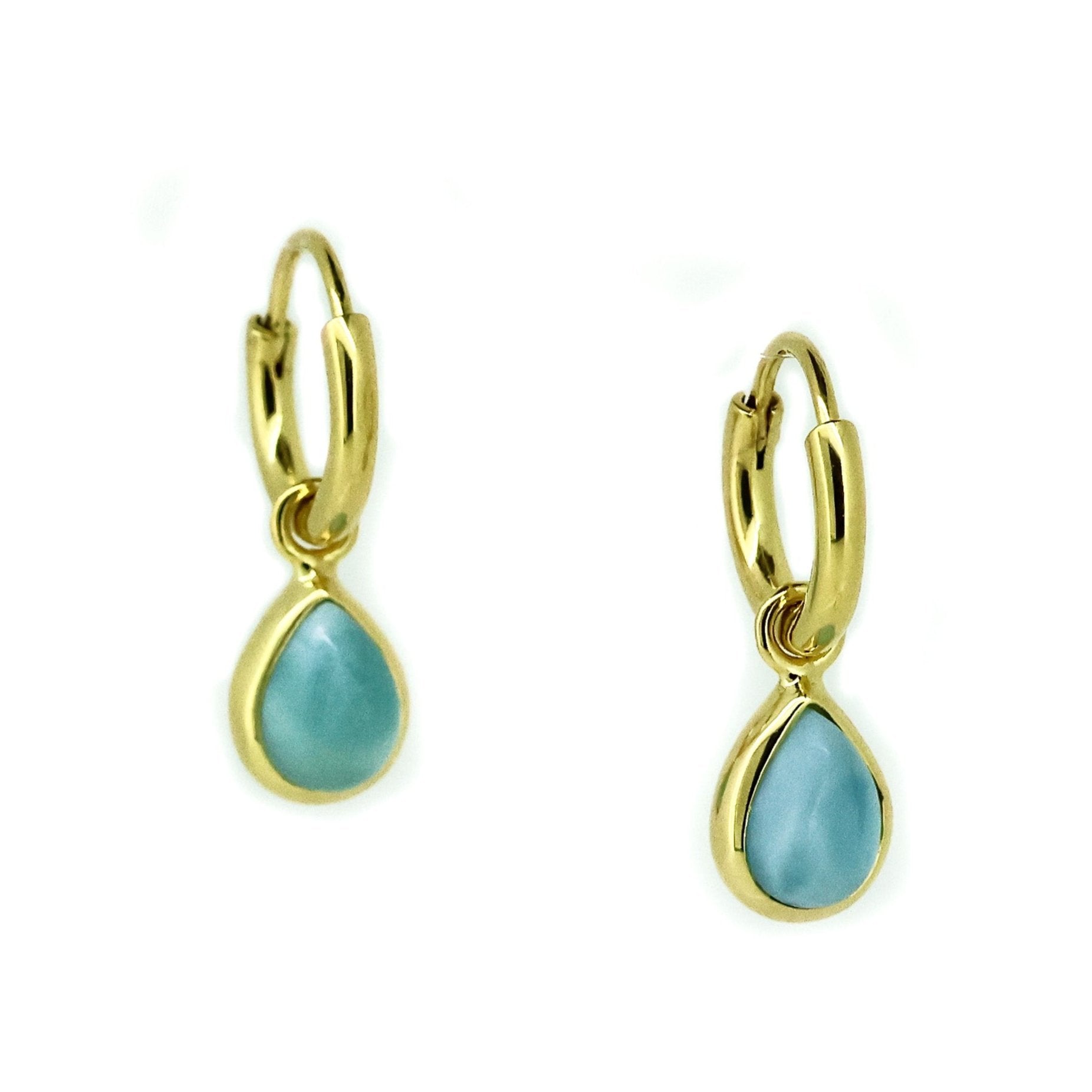 Larimar dew drop shaped gold sleepers 
