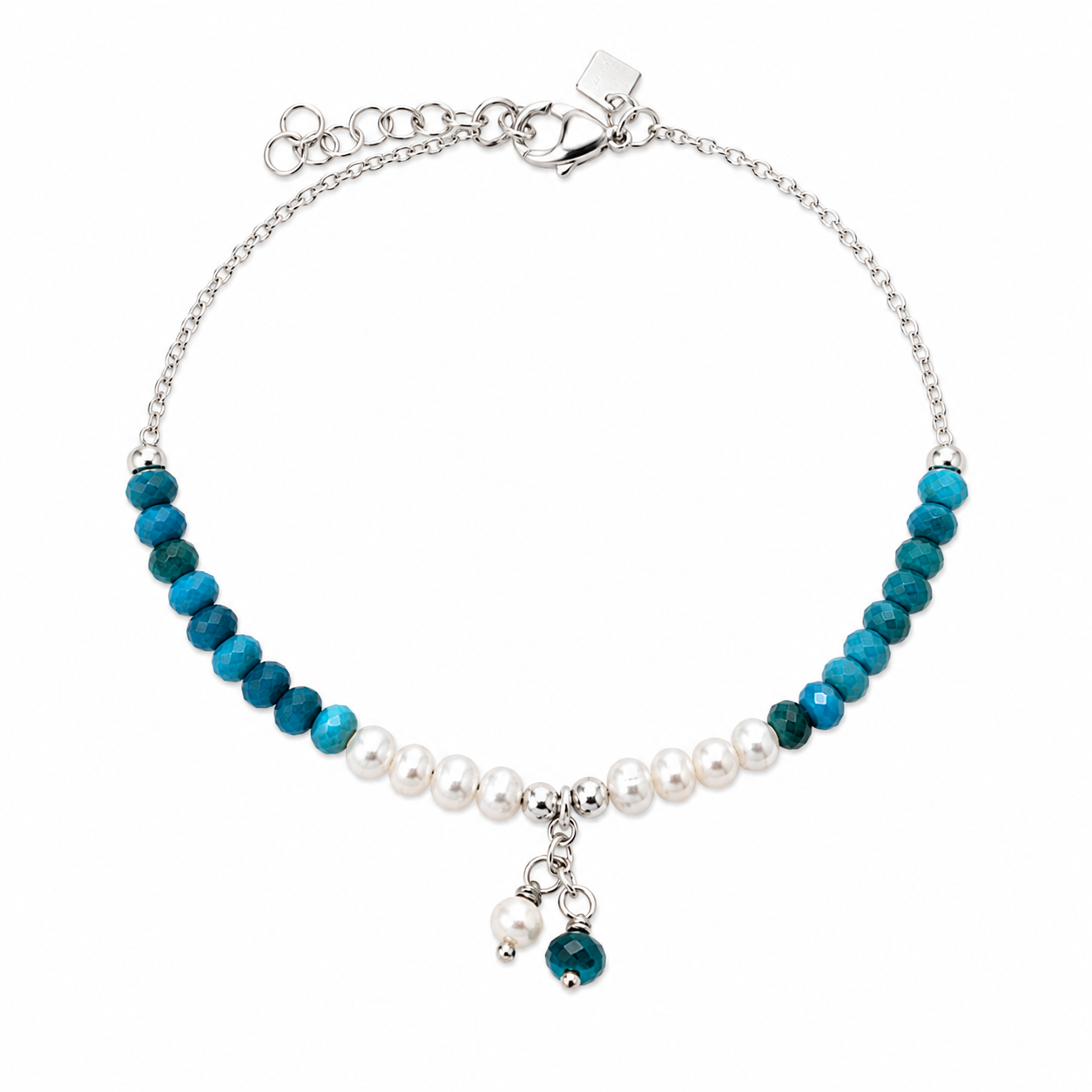 Bracelet with blue Apatite gemstones, pearls, and silver beads