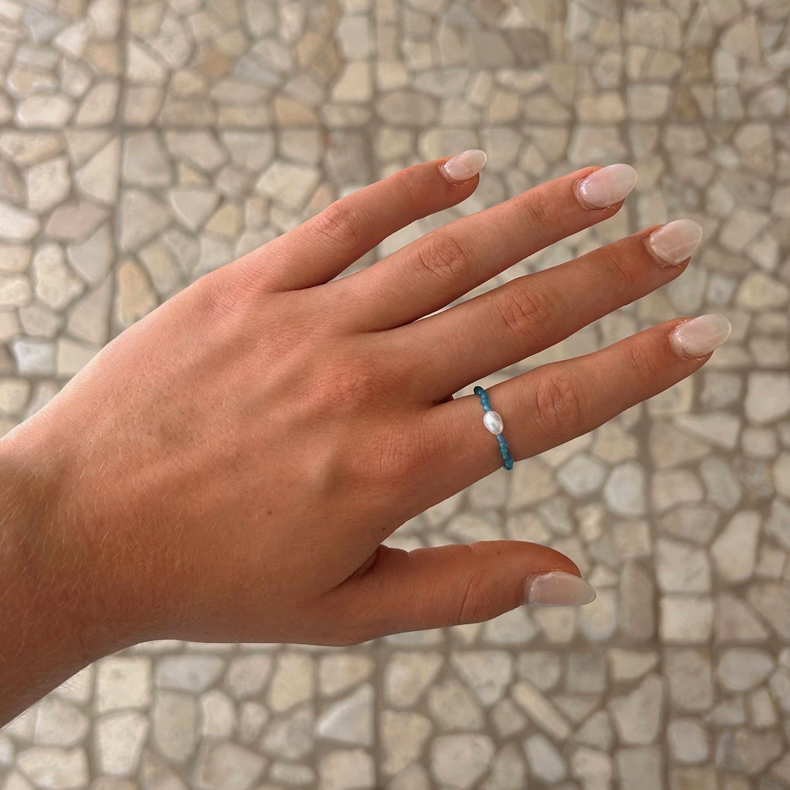 Ocean Pearl Apatite Stretch Ring – blue apatite gemstone and freshwater pearl ring by Lush Designs Jewellery