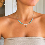 dainty silver chain necklace with pearls and light blue apatite gemstones