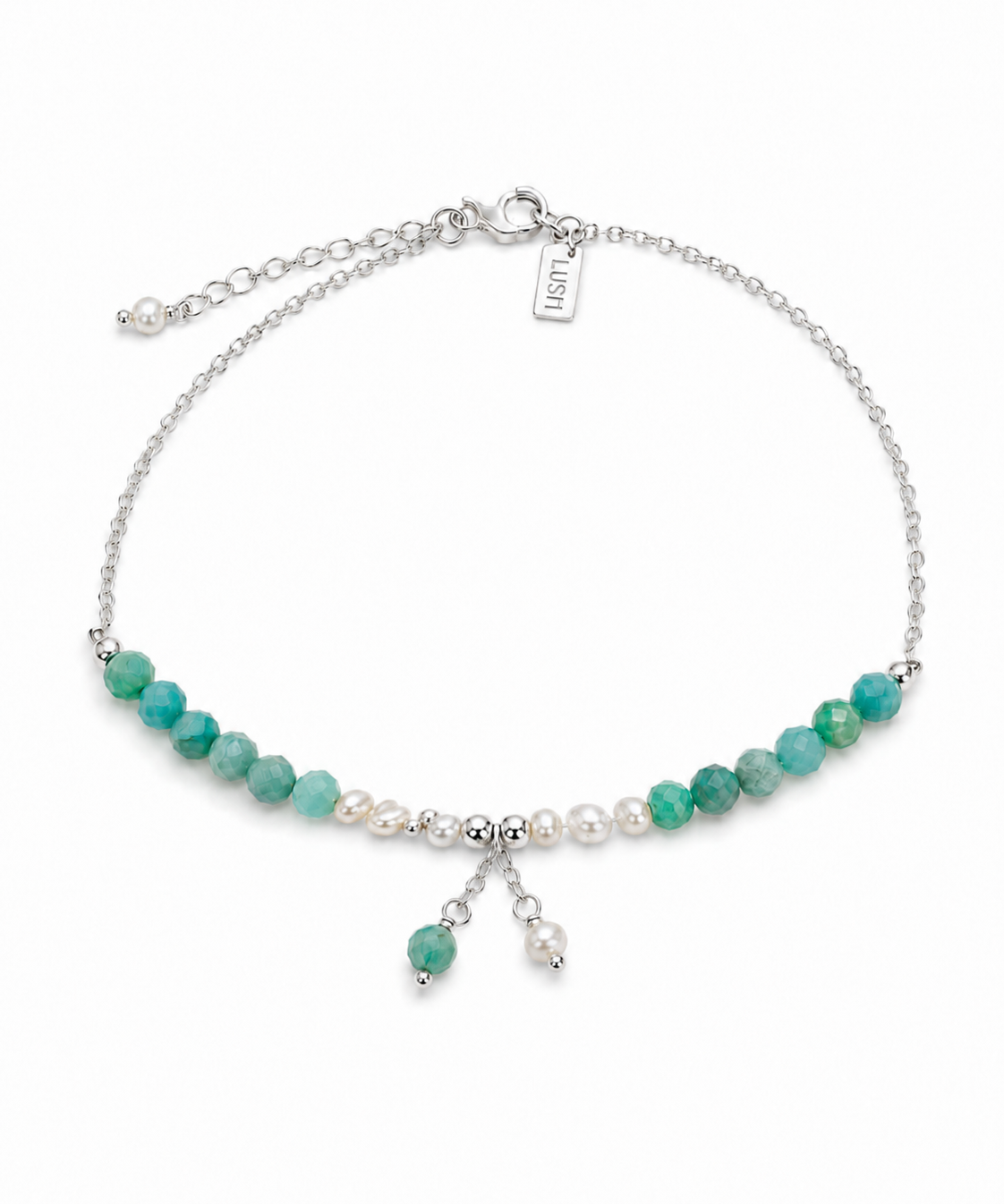 Ocean Spell Pearl Anklet Amazonite by Lush Designs Jewellery featuring blue-green amazonite gemstones, white freshwater pearls, sterling silver chain and dangling pearl and gemstone charms.