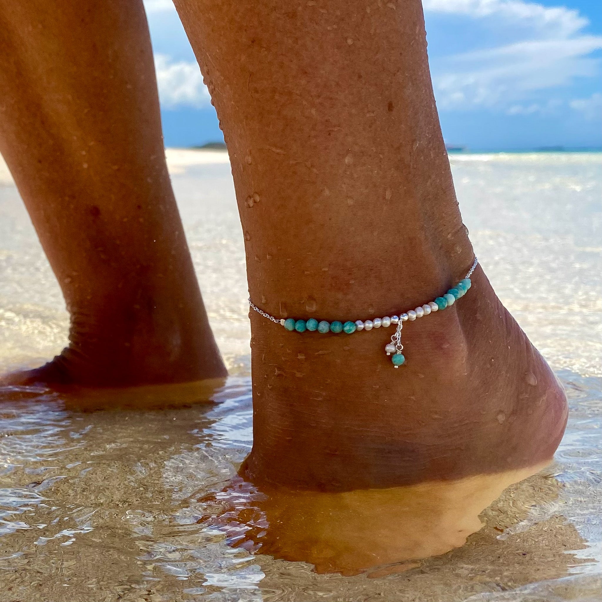 Ocean Spell Pearl Anklet Amazonite by Lush Designs Jewellery featuring blue-green amazonite gemstones, white freshwater pearls, sterling silver chain and dangling pearl and gemstone charms.