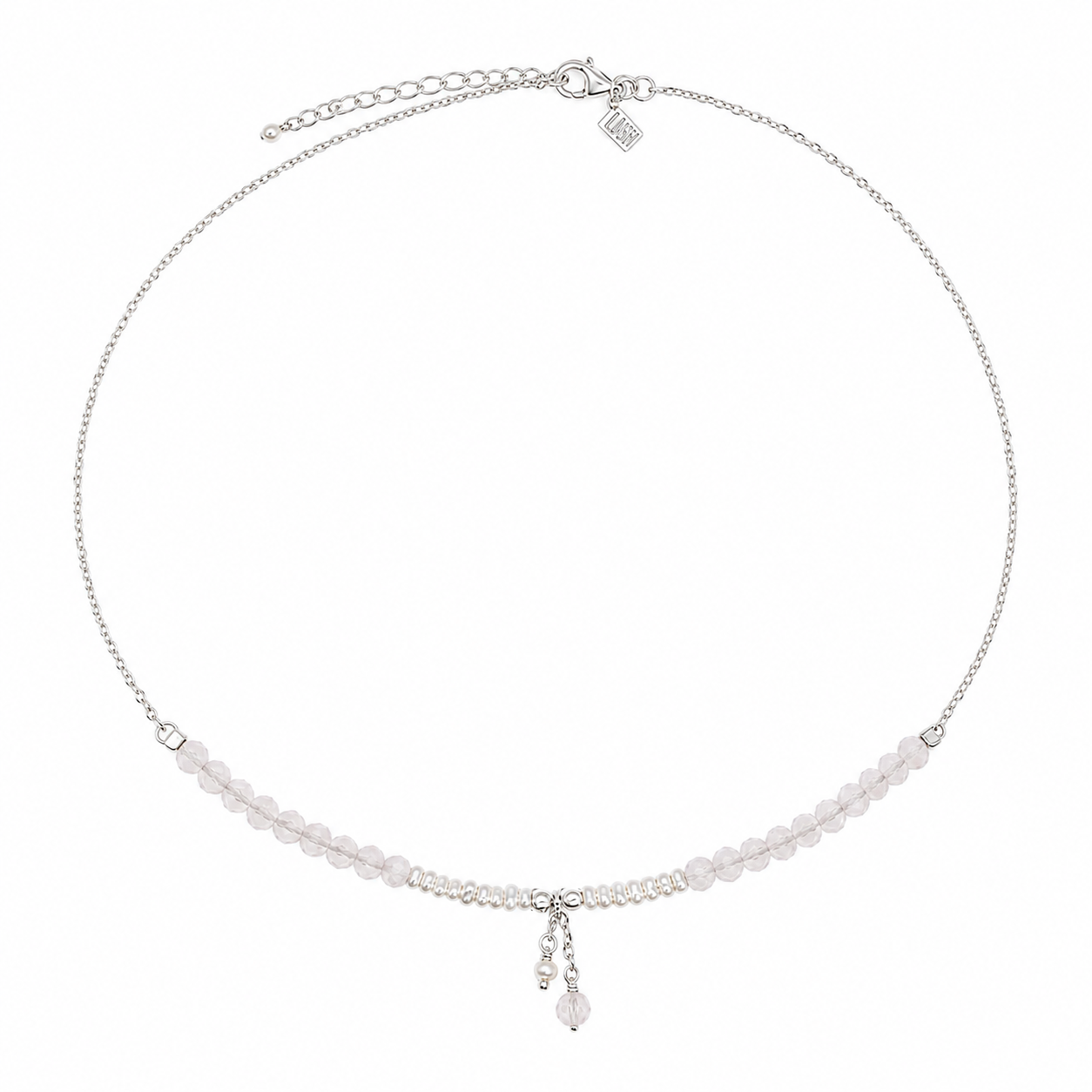 A delicate silver chain necklace featuring a horizontal row of small, pale pink faceted beads and a matching dangling charm, displayed on a clean white background.