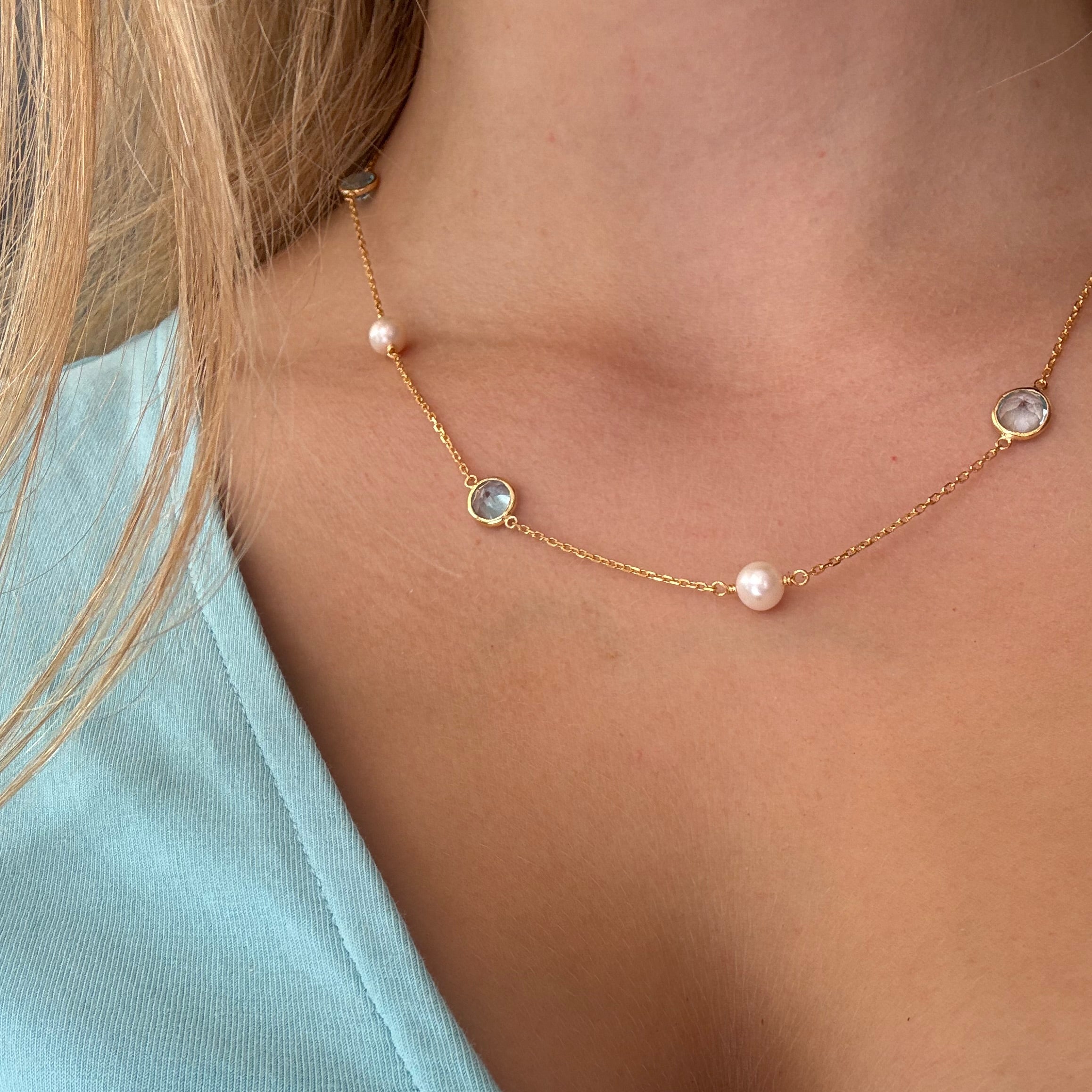Gold vermeil blue topaz and freshwater pearl necklace by Lush Designs Jewellery, designed in Broome Western Australia