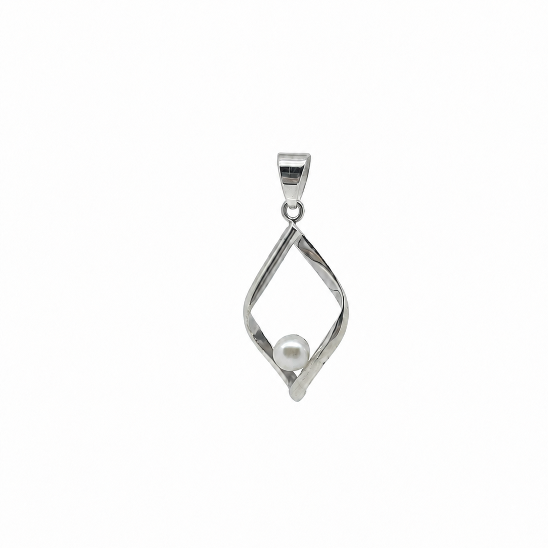 Dainty silver pendant in the shape of a diamond with a small white pearl