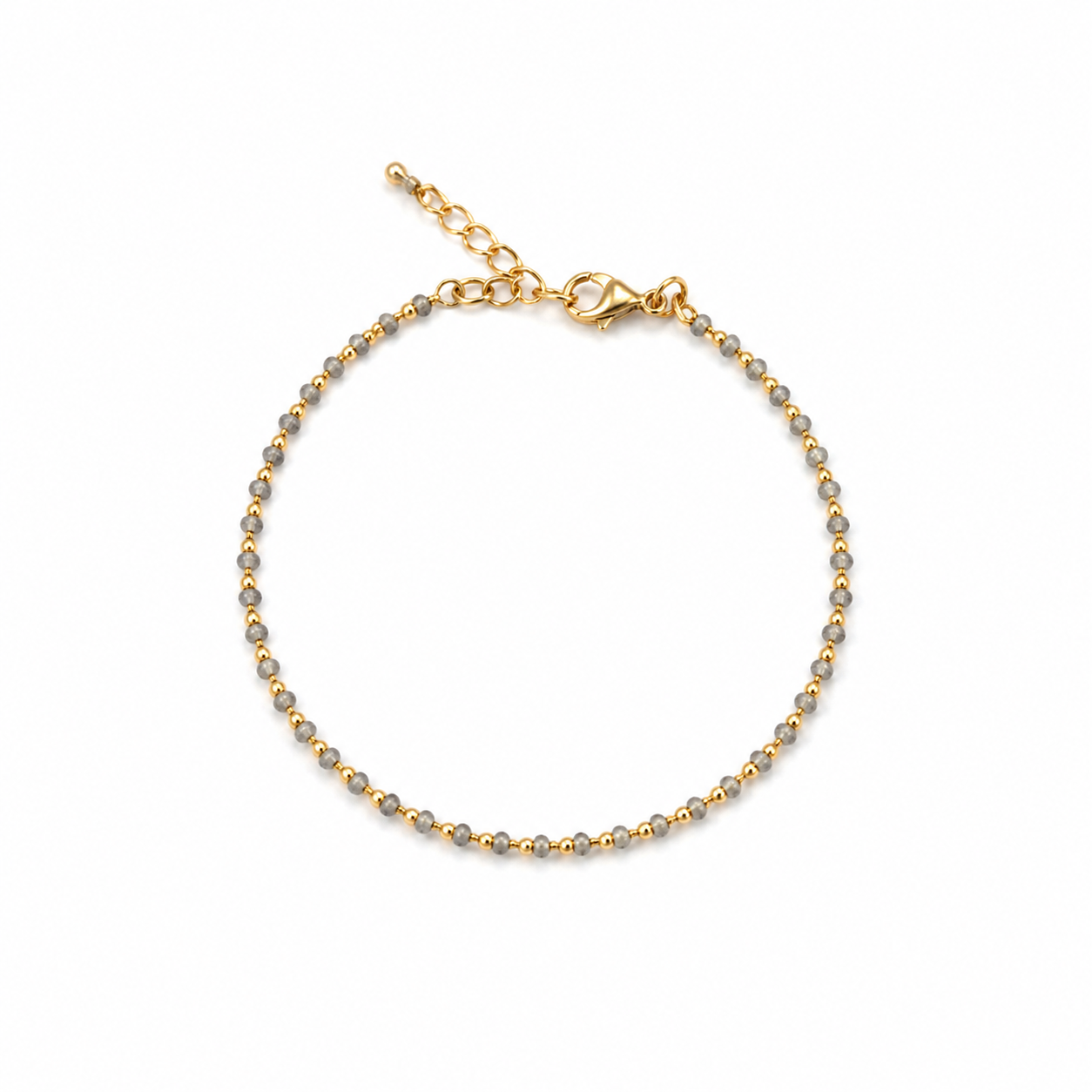 Oceanic Loops Labradorite Bracelet Gold featuring genuine labradorite gemstones with natural iridescence, accented with gold vermeil beads and an adjustable chain. A delicate beach-inspired bracelet designed in Broome, Western Australia.