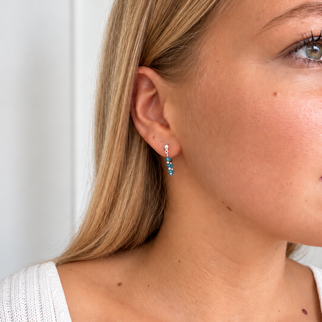 Oceanic Loop apatite silver earrings modelled