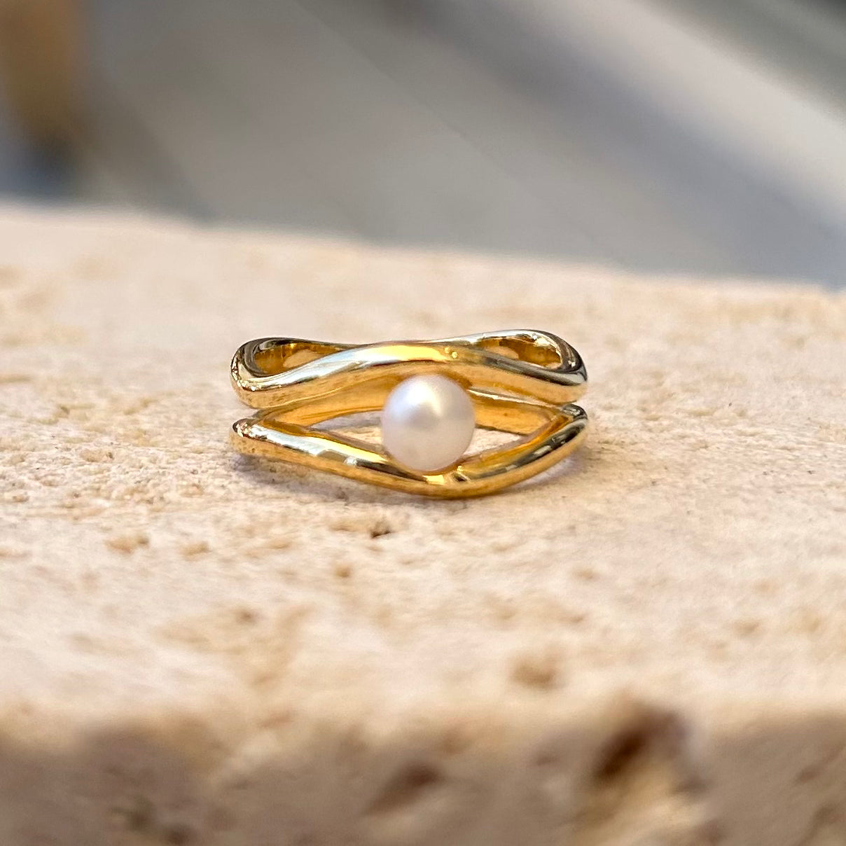 Pearl Flow Ring Gold featuring freshwater pearl and flowing gold vermeil design