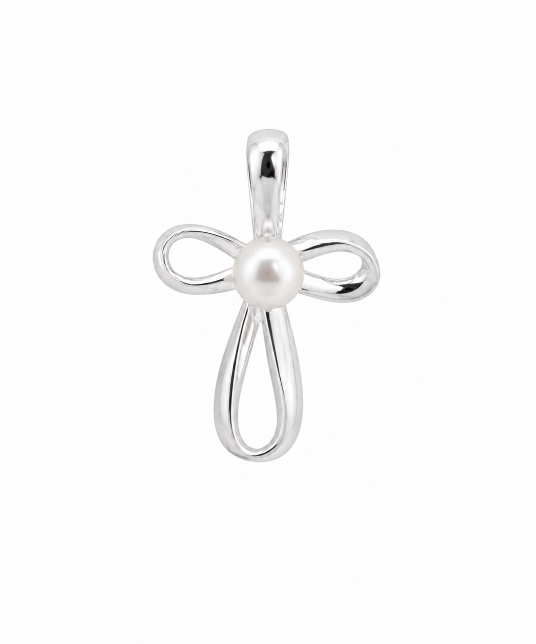 A sterling silver pendant shaped like a cross with a central white pearl