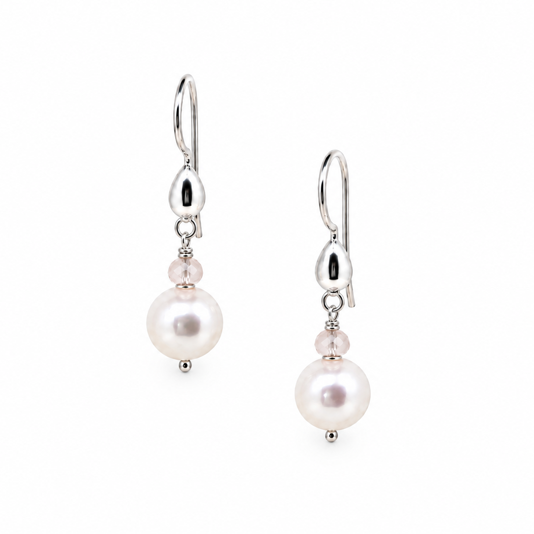 Sea Dreams Pearl Earrings Rose Quartz with freshwater pearls, faceted rose quartz gemstones and sterling silver hooks by Lush Designs Australia