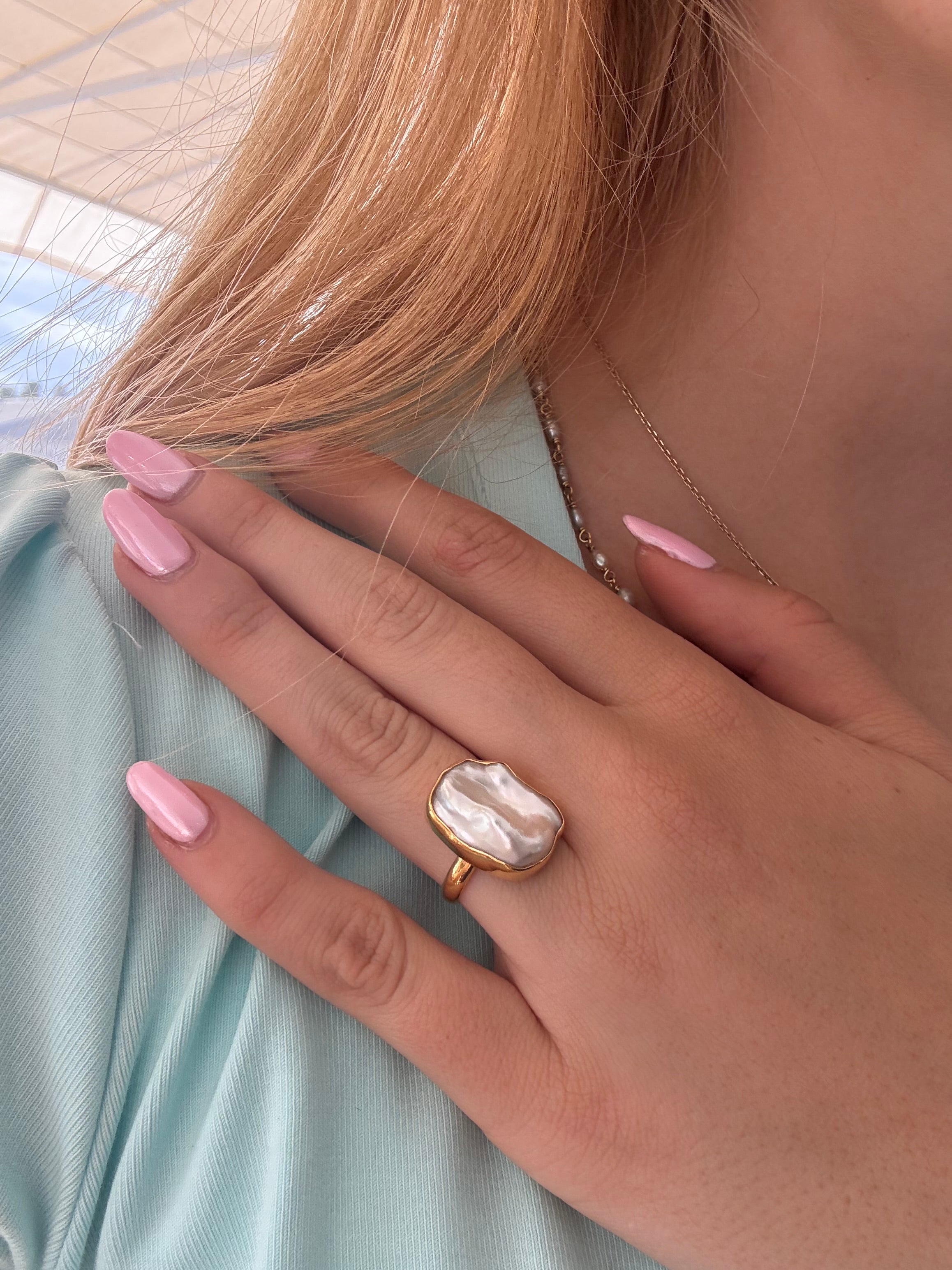 Salt Baroque Pearl Ring Gold Large featuring a genuine large baroque freshwater pearl set in premium gold vermeil over 925 sterling silver.