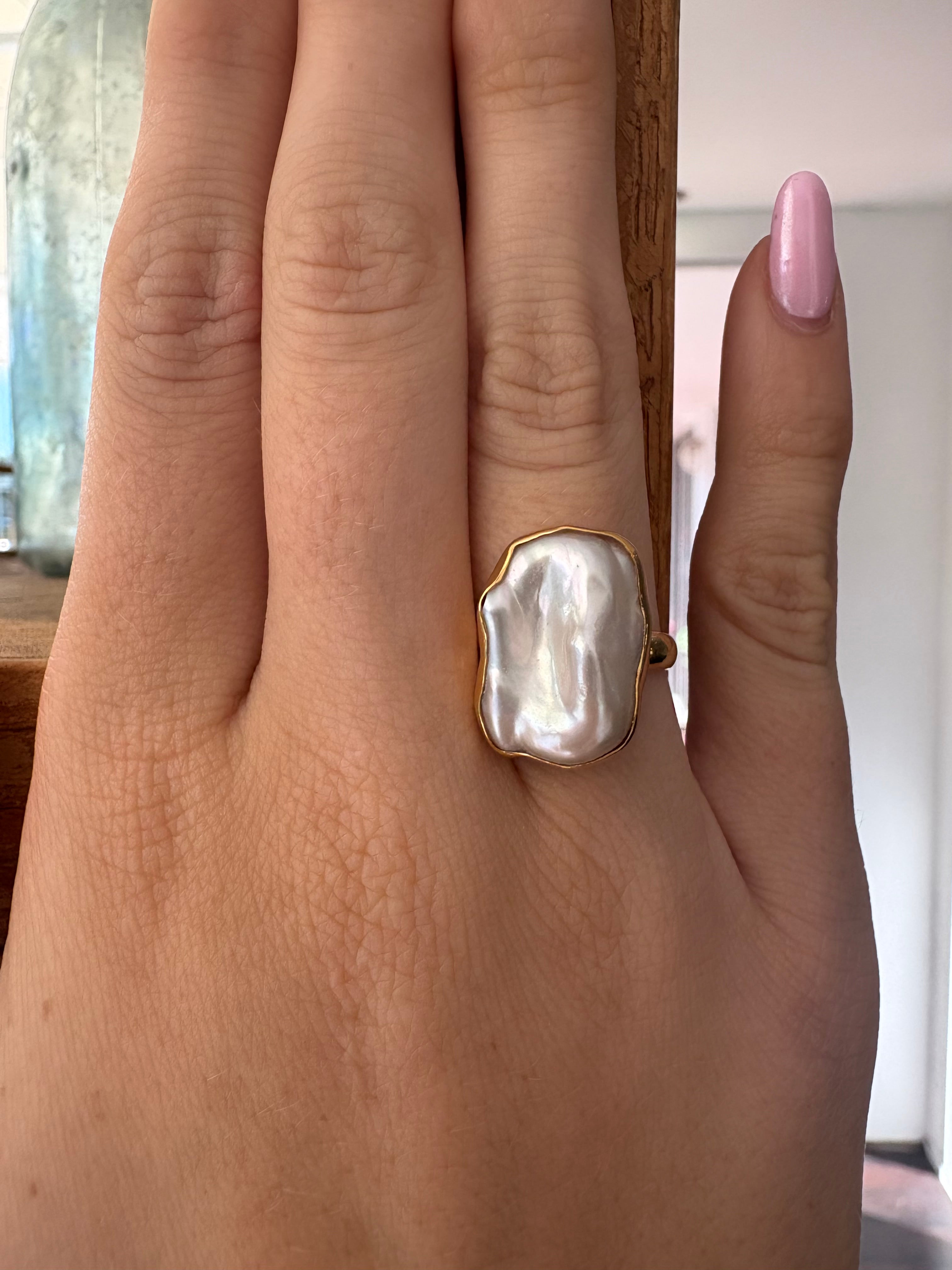Salt Baroque Pearl Ring Gold Large featuring a genuine large baroque freshwater pearl set in premium gold vermeil over 925 sterling silver.