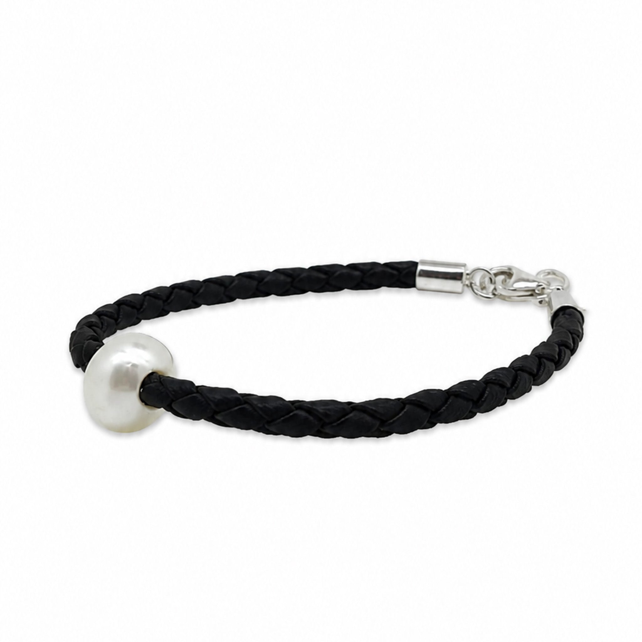 Sandcastle children’s black braided bracelet with 8mm freshwater pearl and sterling silver adjustable clasp