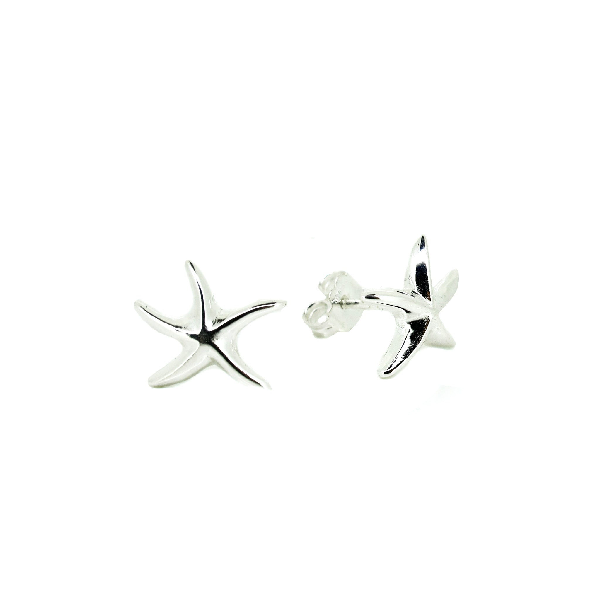 Silver starfish-shaped earrings on a white background