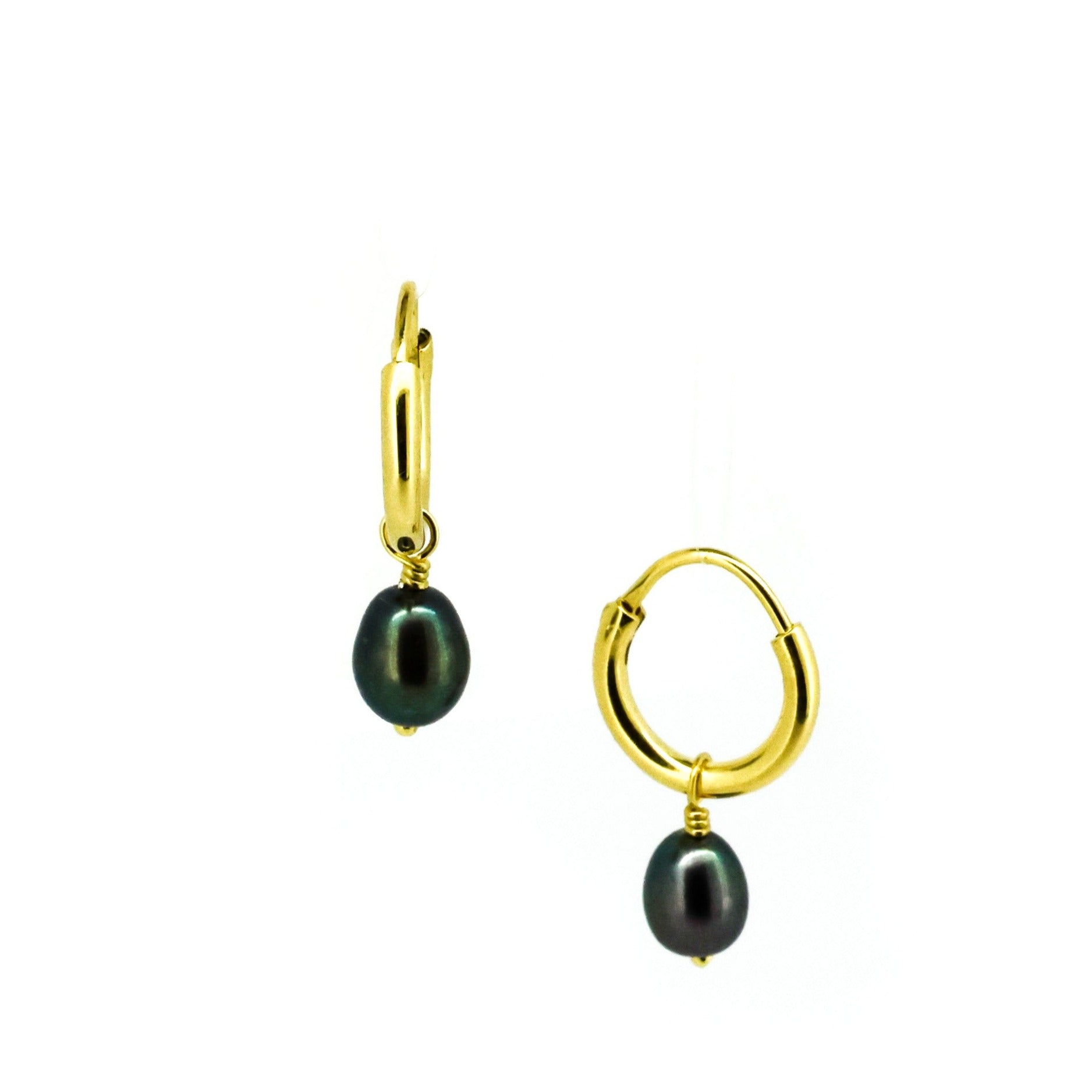 Sea Goddess midnight freshwater pearl sleeper earrings gold 7mm designed in Broome Australia