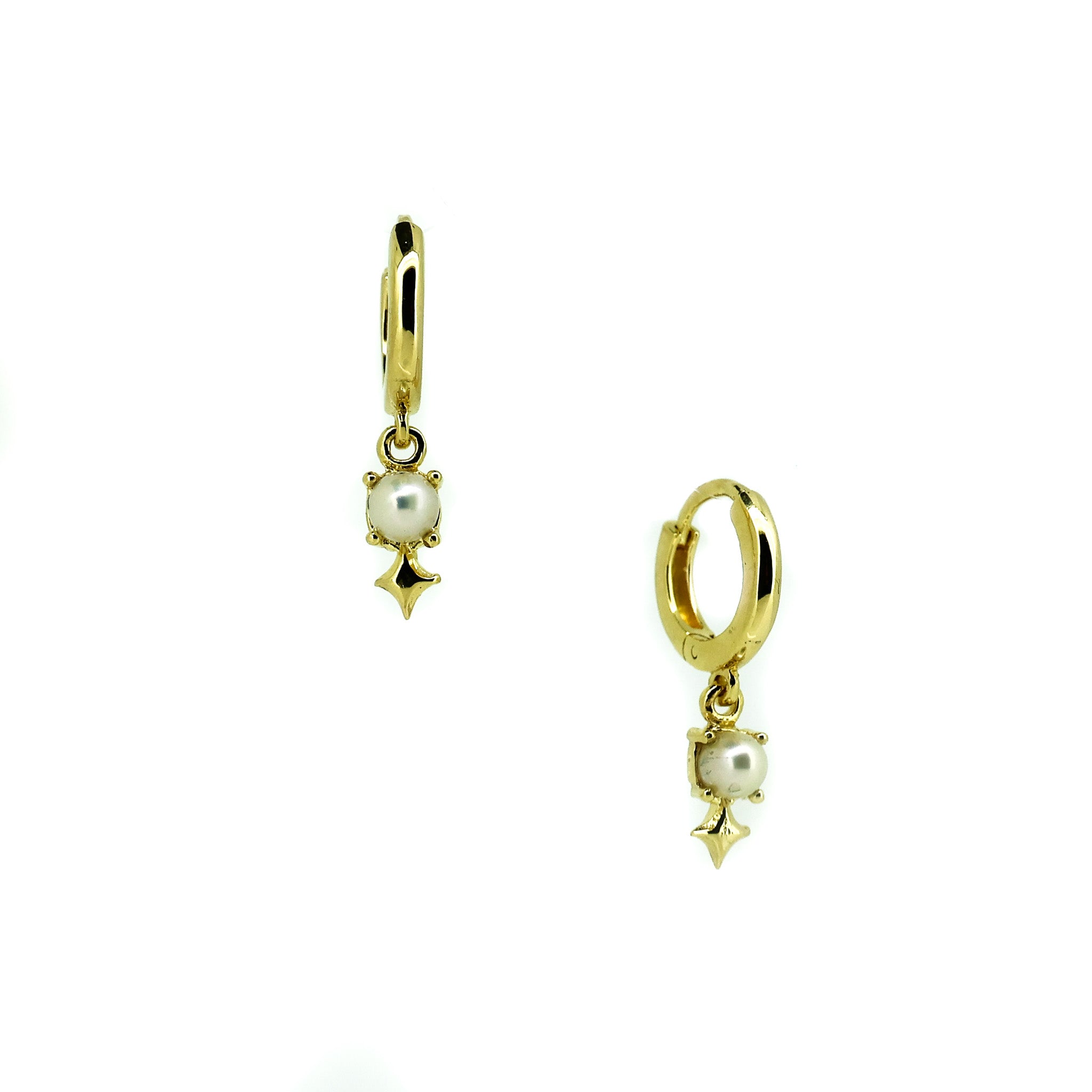 Gold vermeil pearl huggie earrings with 4mm freshwater pearls and ocean-inspired charm detail designed in Broome Australia by Lush Designs Jewellery.