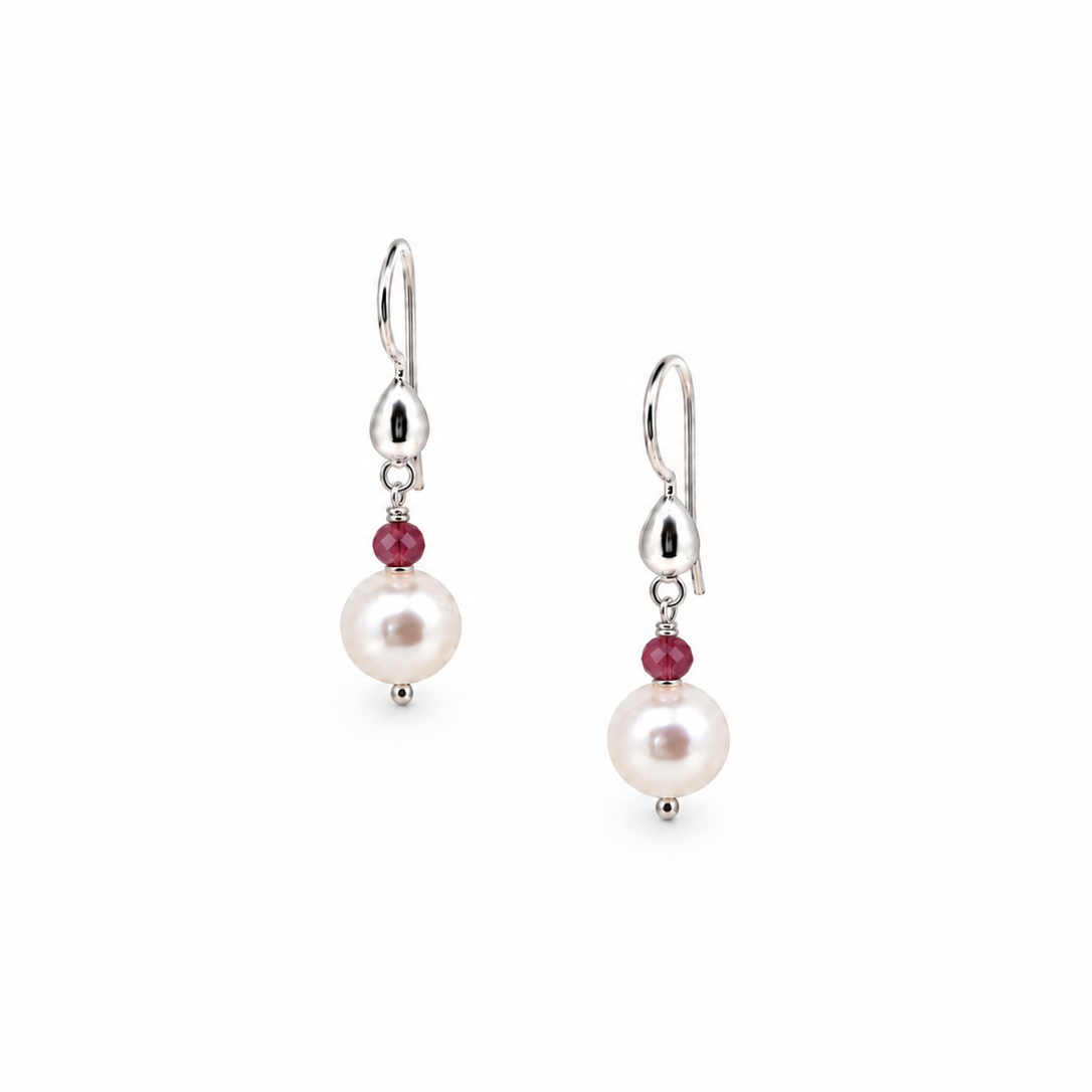 Sea Dreams Pearl Earrings Rhodochrosite with freshwater pearls, faceted pink rhodochrosite gemstones and sterling silver hooks by Lush Designs Australia