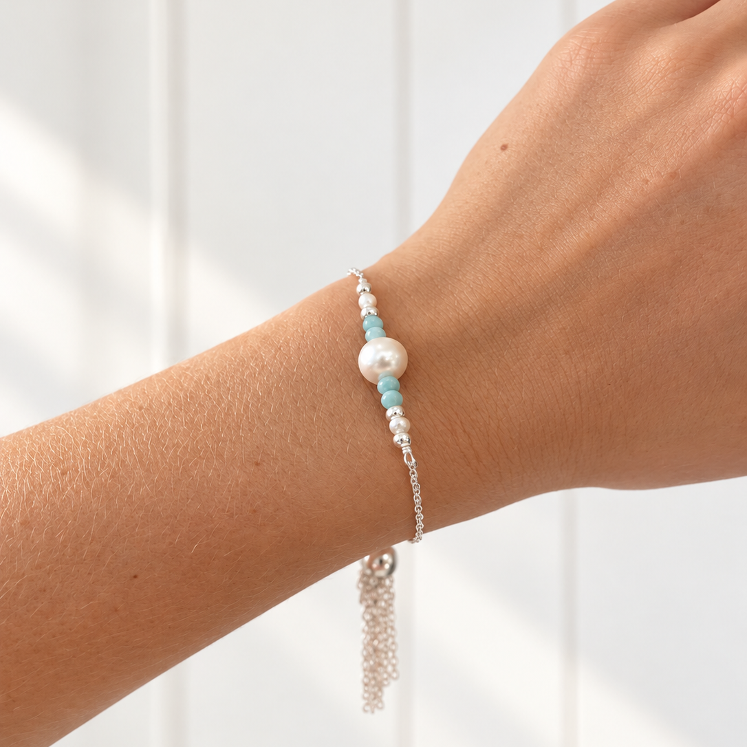 Sterling silver Larimar and freshwater pearl tassel bracelet Australia